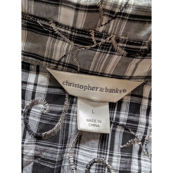 Christopher Banks Black & White Plaid Zip-Up Shirt  Embroidered Swirls Womens L - Picture 6 of 8